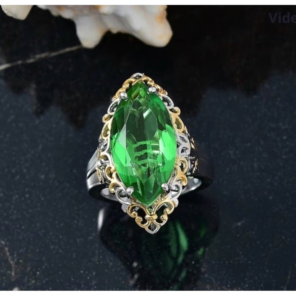 Chartreuse Quartz 10.60ctw Art Deco Ring in 18K Yellow Gold Plated Platinum bond